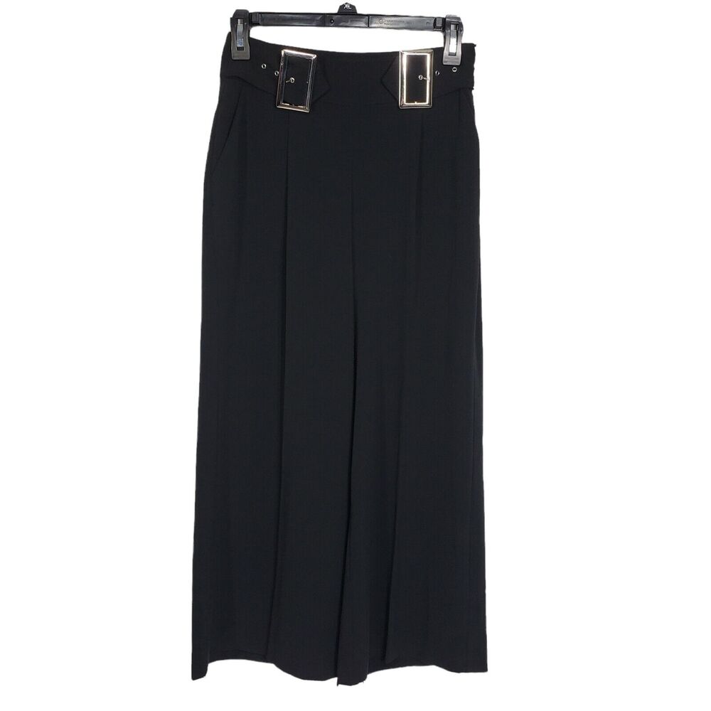 Jennifer Lopez Womens Pants Size 2 Black Cropped Dress Buckles Wide Leg Pockets